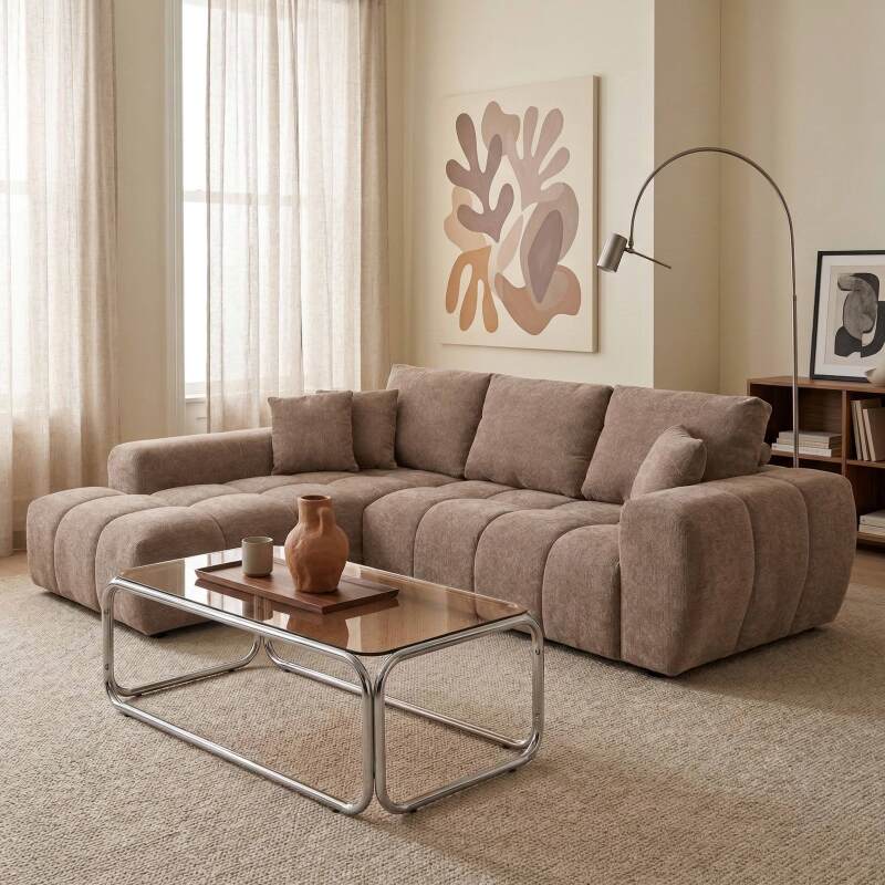 Divano angolare 3 posti in tessuto con chaise longue sinistra e cuscini (7/8)