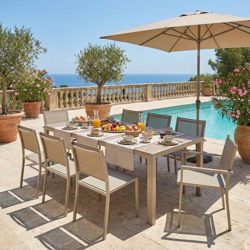 Tavolo da giardino in alluminio e ceramica effetto legno 206x100 cm e 8 sedie in textilene