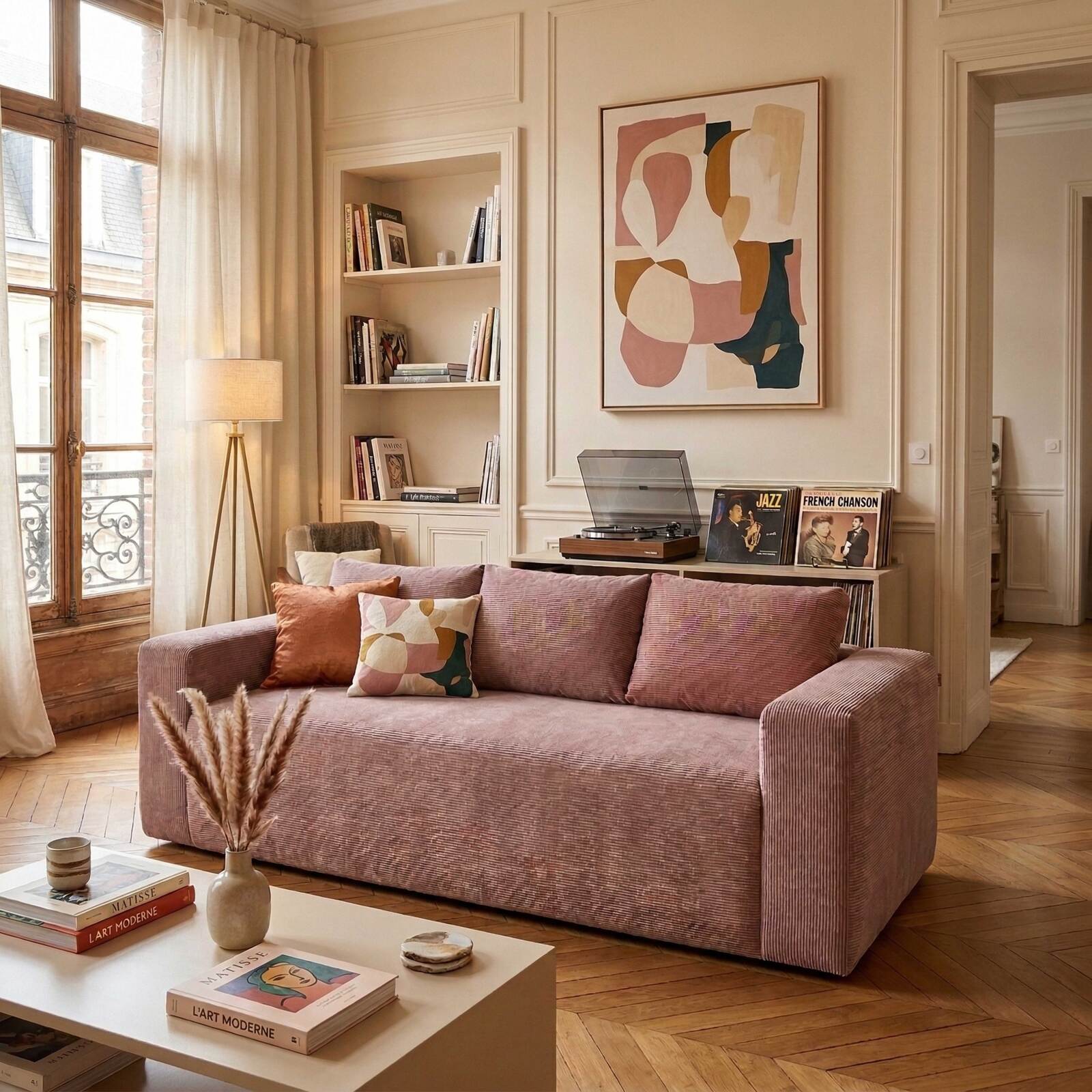 Divano 3 posti in tessuto a coste con cuscini