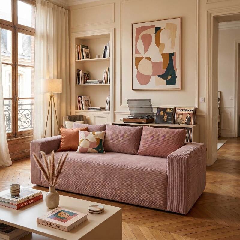 Divano 3 posti in tessuto a coste con cuscini