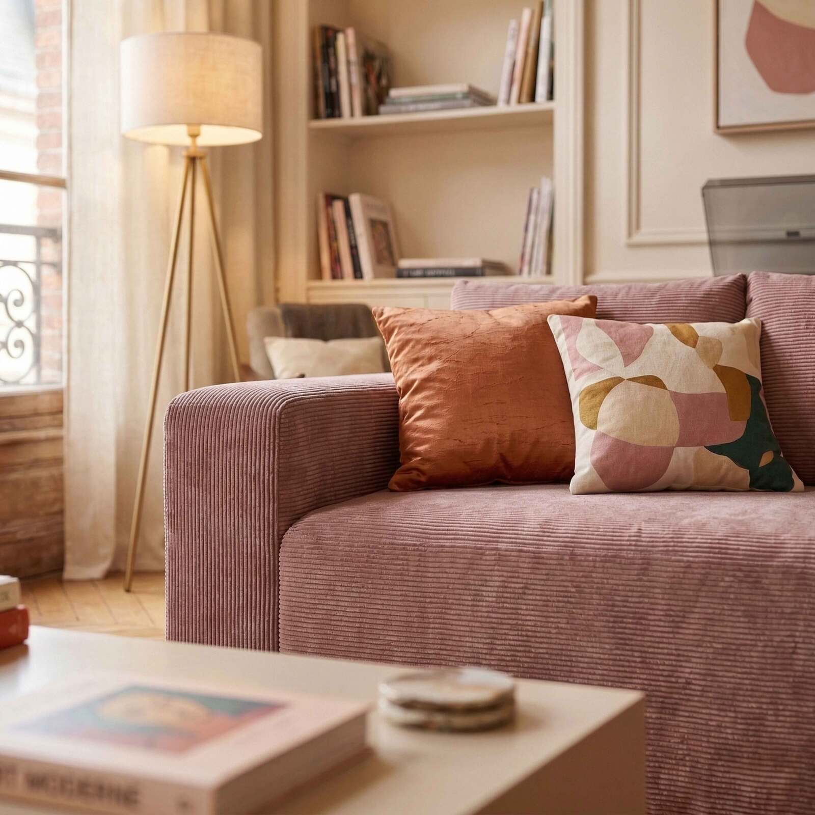 Divano 3 posti in tessuto a coste con cuscini