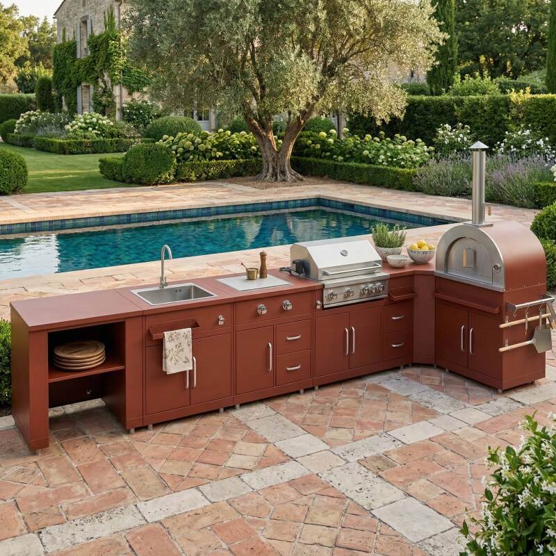 Cucina da esterno in metallo ad angolo con forno a legna, fornello a gas, barbecue e spazio - 6 moduli - Lifestyle