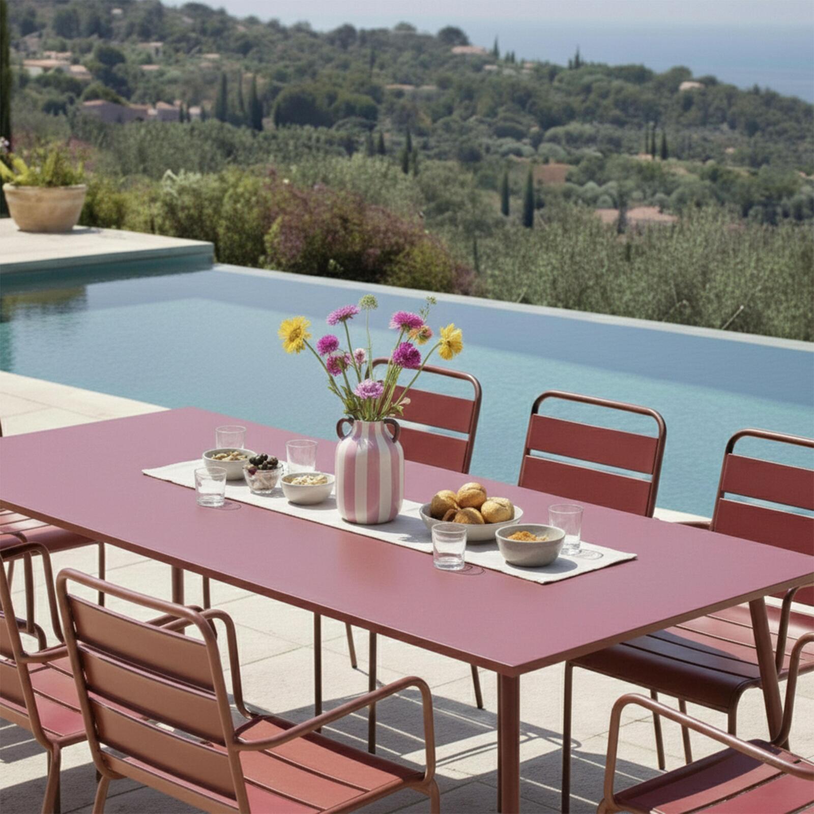 Tavolo da giardino in metallo 180x90 cm e 8 sedie con braccioli