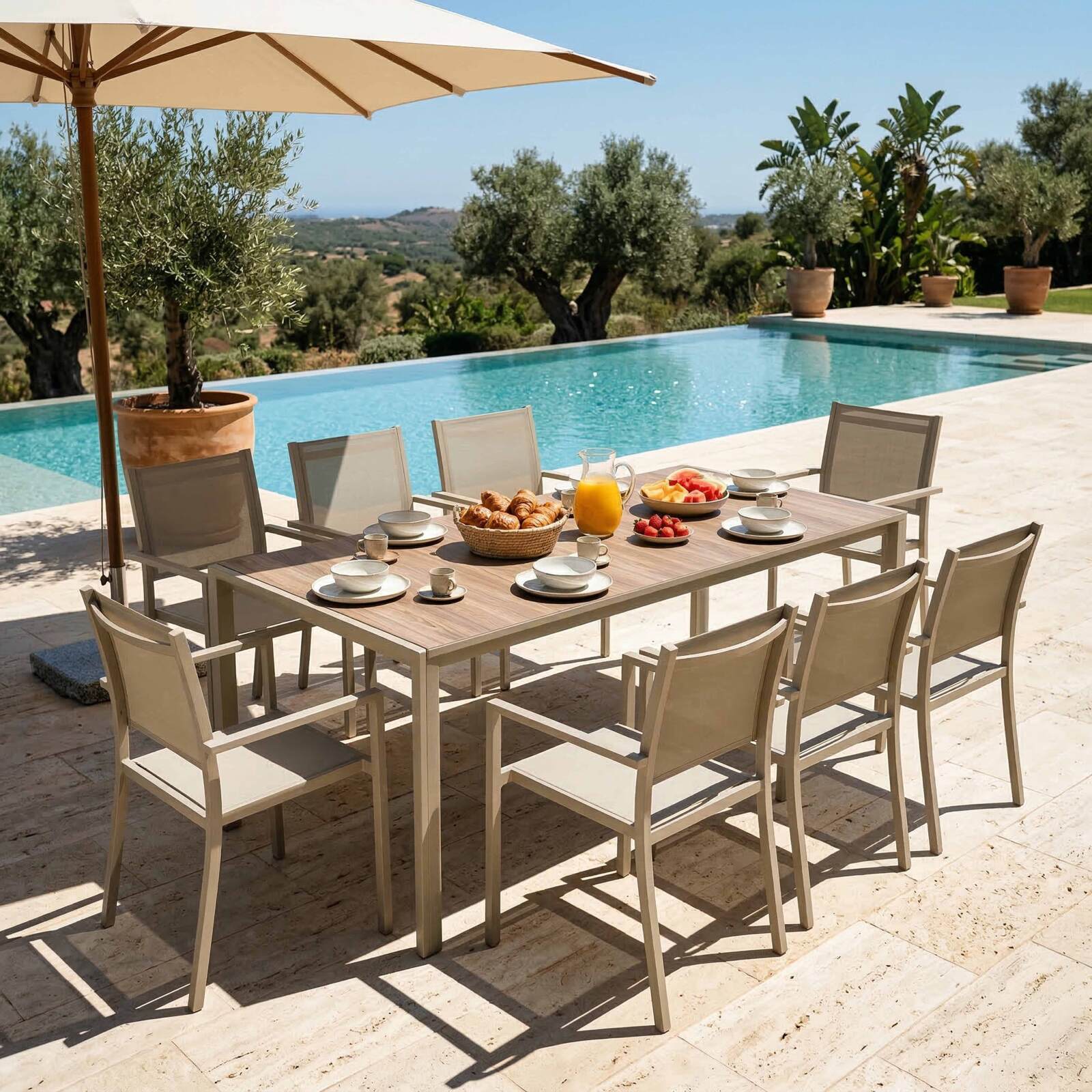 Tavolo da giardino in alluminio e ceramica effetto legno 206x100 cm e 8 sedie in textilene