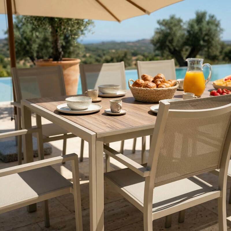 Tavolo da giardino in alluminio e ceramica effetto legno 206x100 cm e 8 sedie in textilene (7/9)