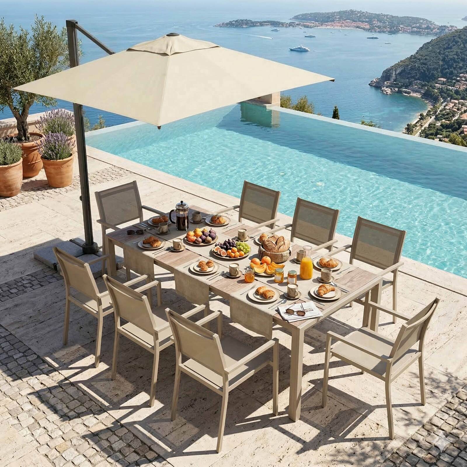 Tavolo da giardino in alluminio e ceramica effetto legno 206x100 cm e 8 sedie in textilene