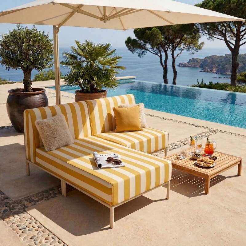 Divano modulare da esterno a righe 2 posti con 1 poltrona e 1 chaise longue