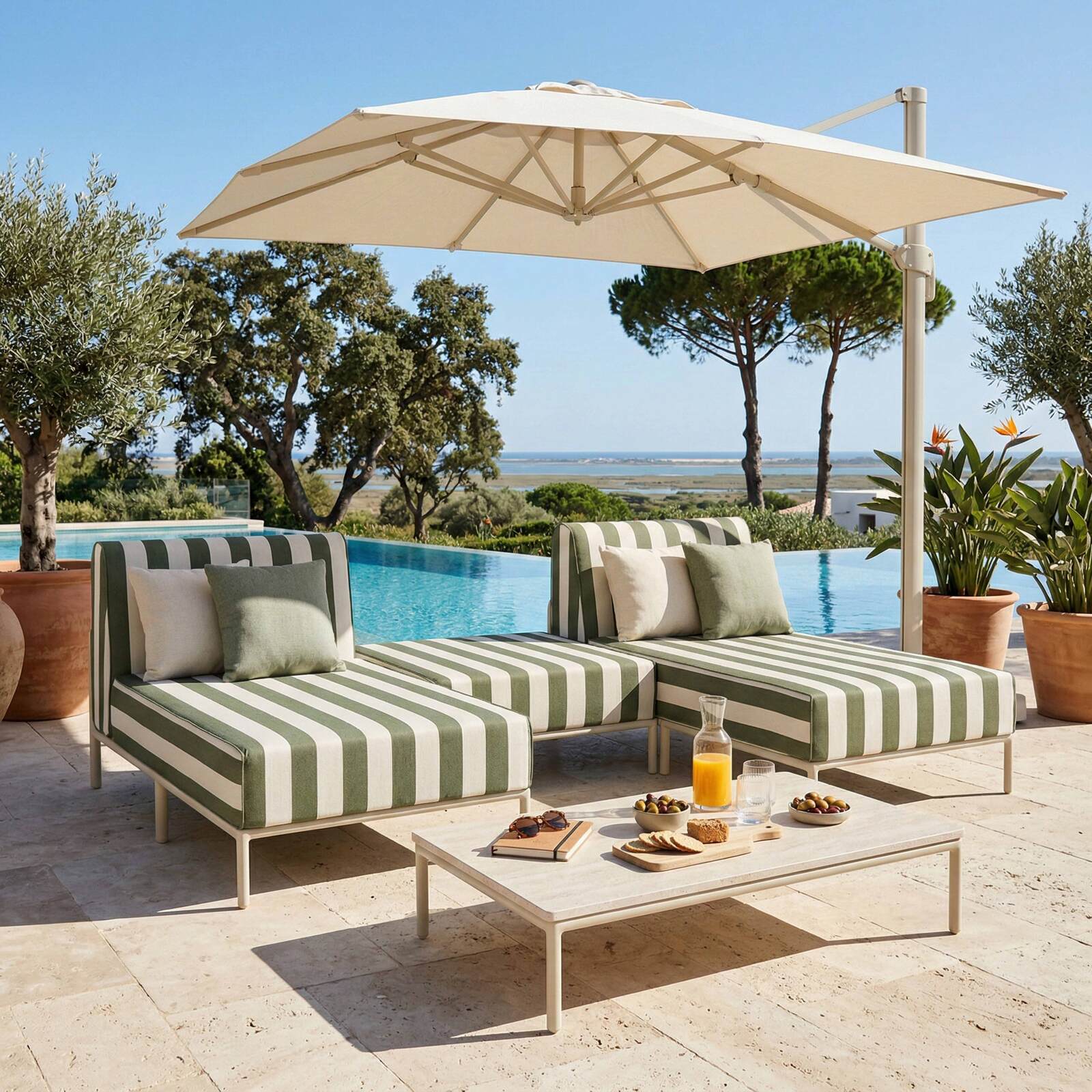 Divano modulare da esterno a righe 2 posti con 2 chaise longue e 1 pouf