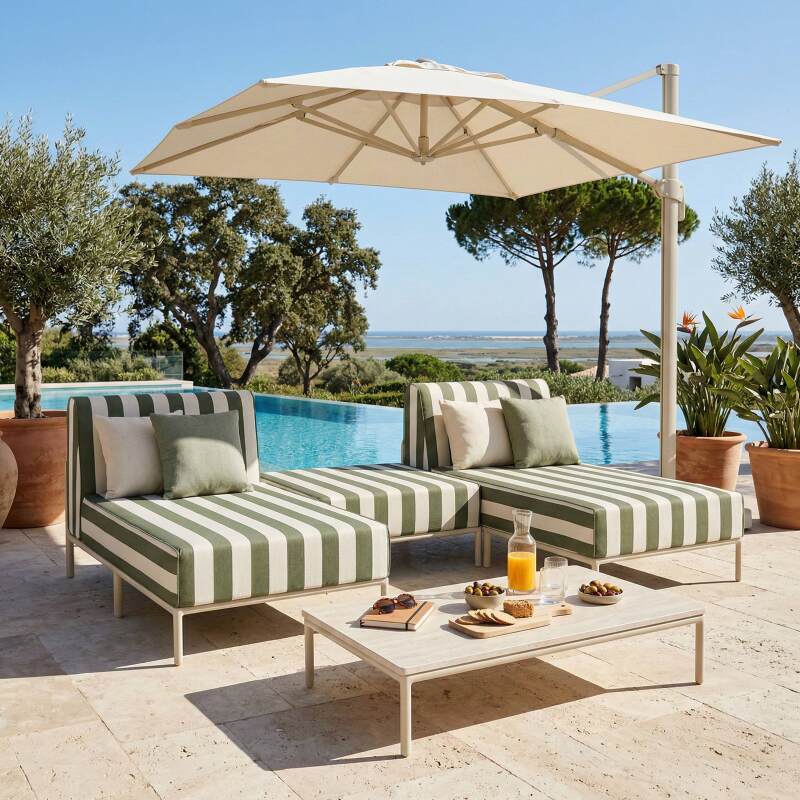 Divano modulare da esterno a righe 2 posti con 2 chaise longue e 1 pouf