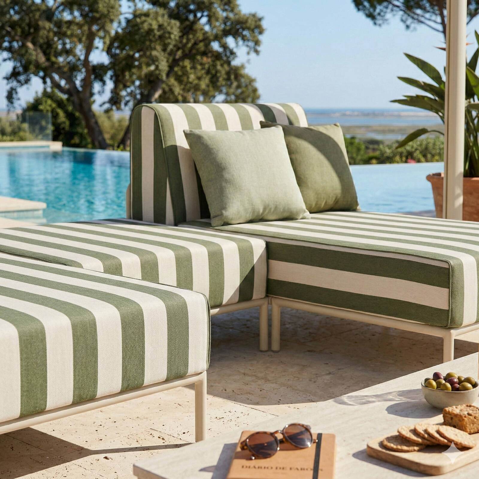 Divano modulare da esterno a righe 2 posti con 2 chaise longue e 1 pouf