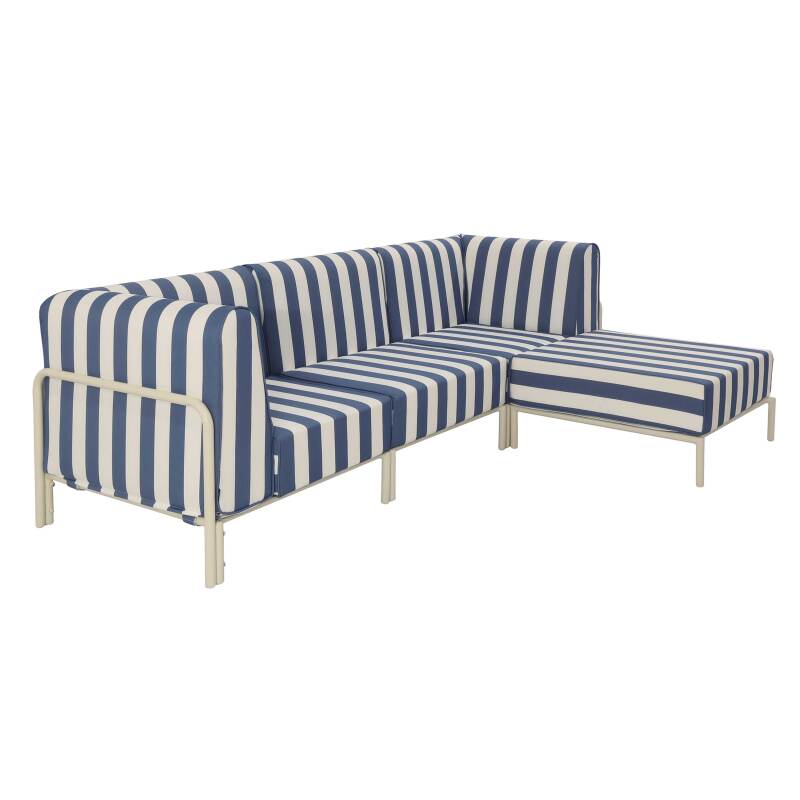 Divano modulare da esterno a righe 4 posti con 1 poltrona, 2 poltrone angolari e 1 pouf