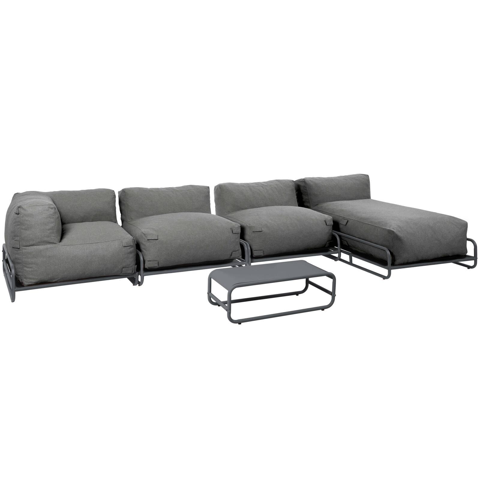 Divano modulare da esterno 5 posti con struttura, 2 poltrone, 1 poltrona angolare, 1 chaise longue, 1 pouf e tavolino