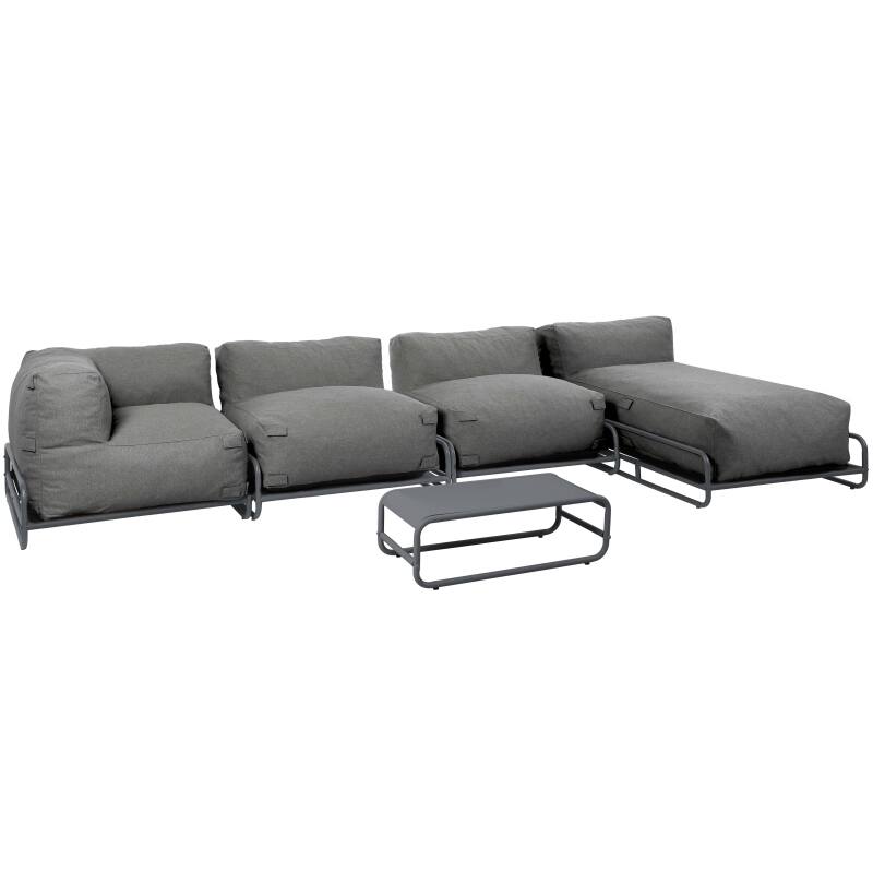 Divano modulare da esterno 5 posti con struttura, 2 poltrone, 1 poltrona angolare, 1 chaise longue, 1 pouf e tavolino