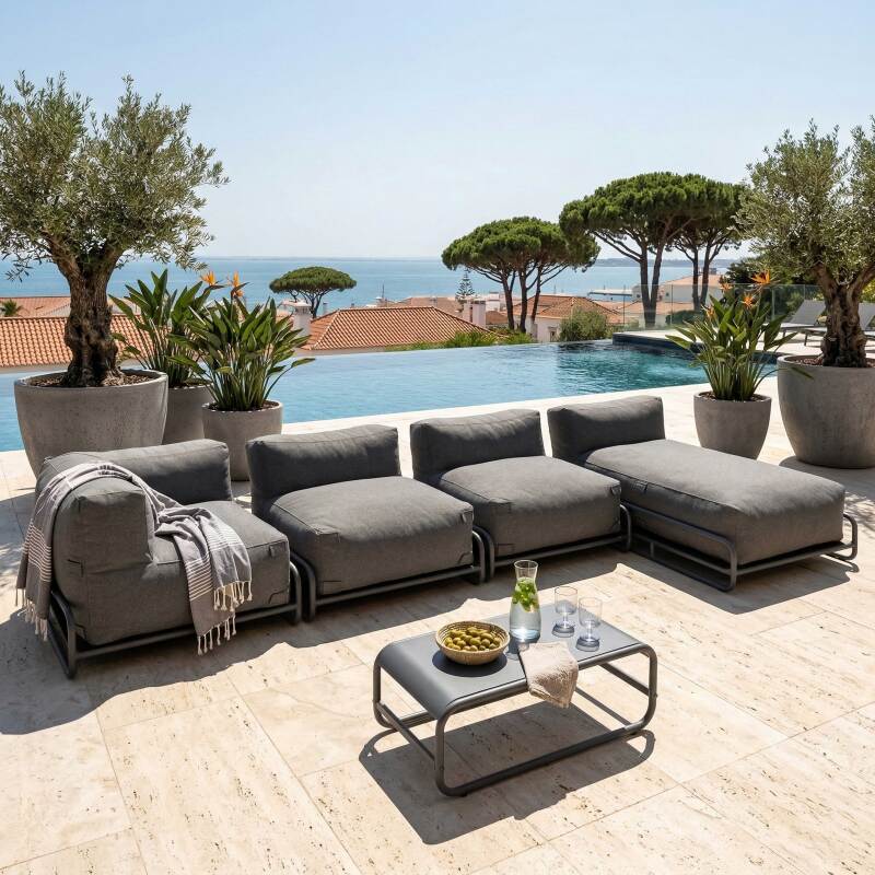 Divano modulare da esterno 5 posti con struttura, 2 poltrone, 1 poltrona angolare, 1 chaise longue, 1 pouf e tavolino