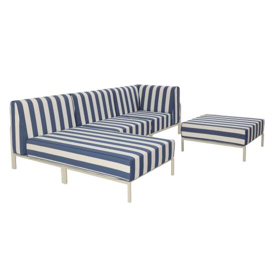 Divano modulare da esterno a righe 4 posti con 1 poltrona, 1 poltrona angolare, 1 chaise longue e 1 pouf