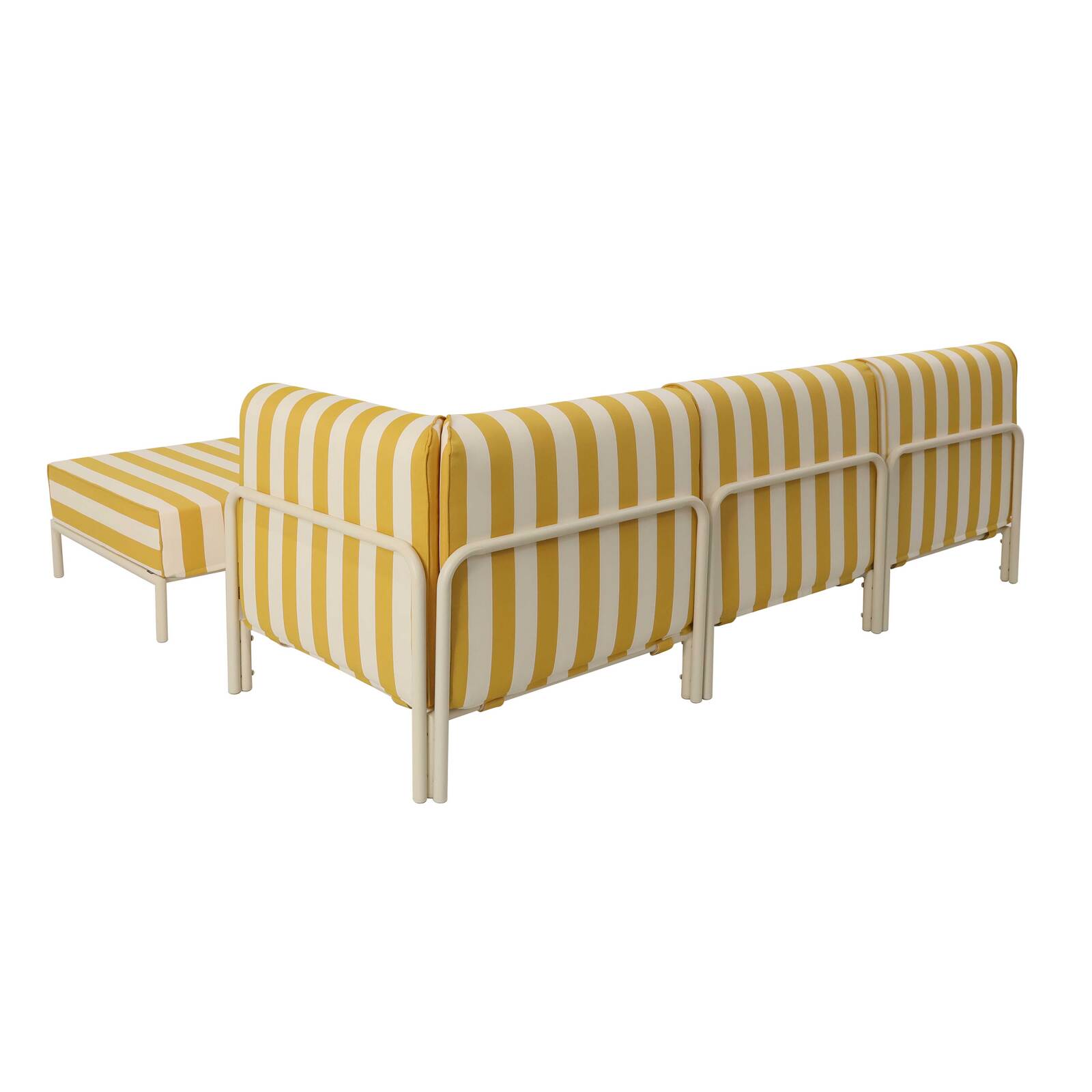Divano modulare da esterno a righe 4 posti con 1 poltrona, 1 poltrona angolare, 1 chaise longue e 1 pouf