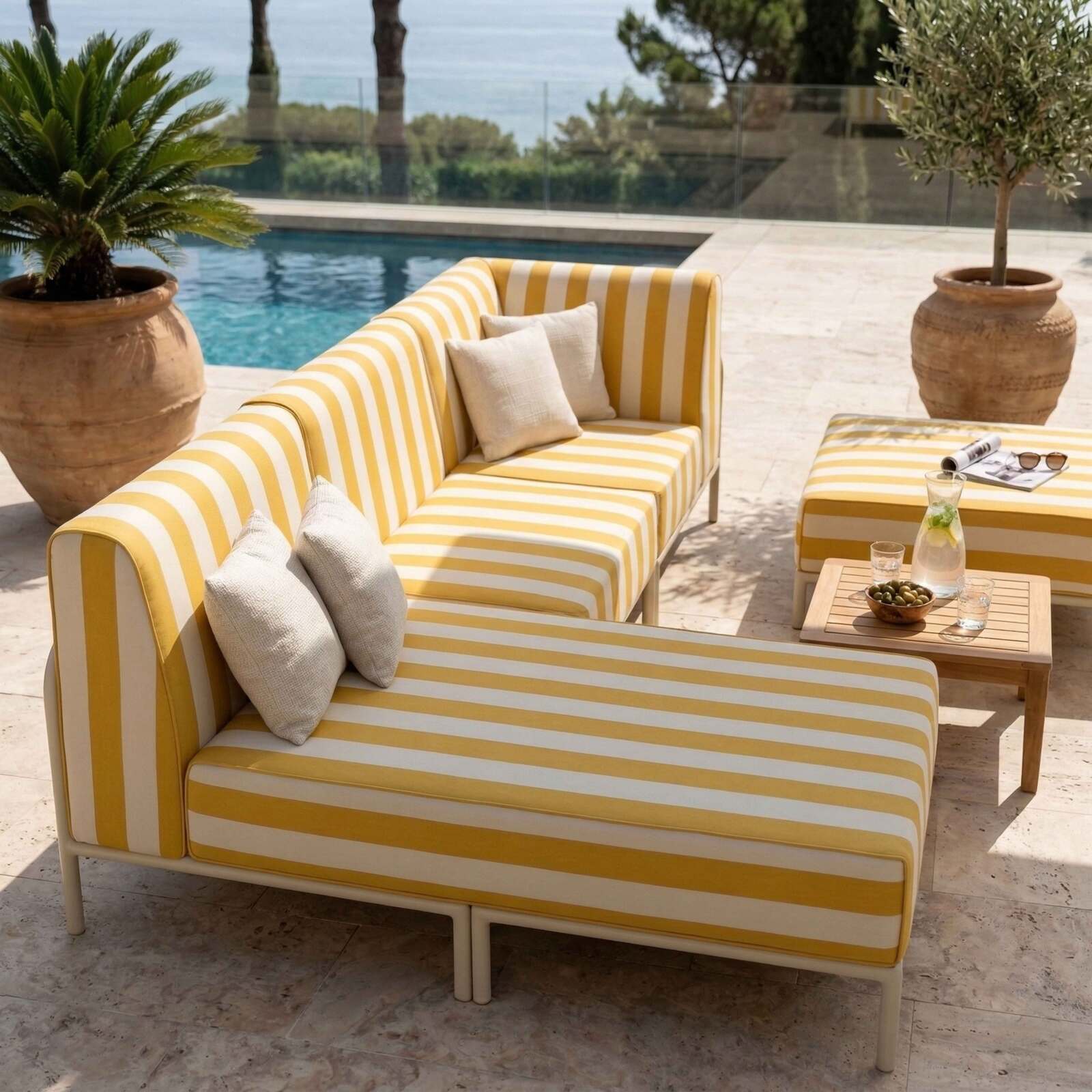 Divano modulare da esterno a righe 4 posti con 1 poltrona, 1 poltrona angolare, 1 chaise longue e 1 pouf