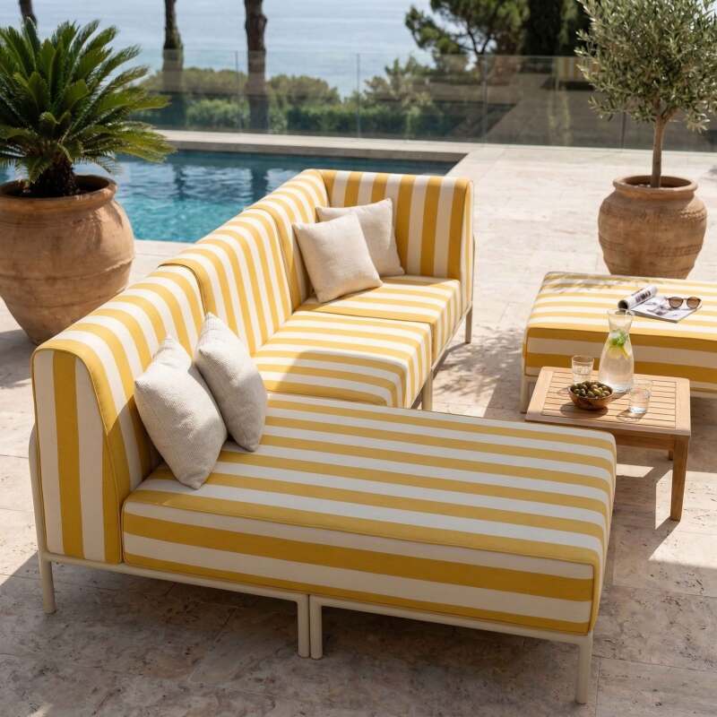 Divano modulare da esterno a righe 4 posti con 1 poltrona, 1 poltrona angolare, 1 chaise longue e 1 pouf (2/8)