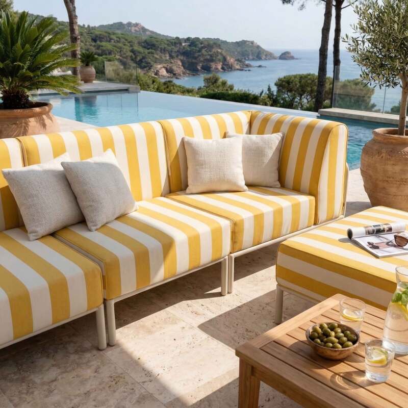Divano modulare da esterno a righe 4 posti con 1 poltrona, 1 poltrona angolare, 1 chaise longue e 1 pouf (3/8)