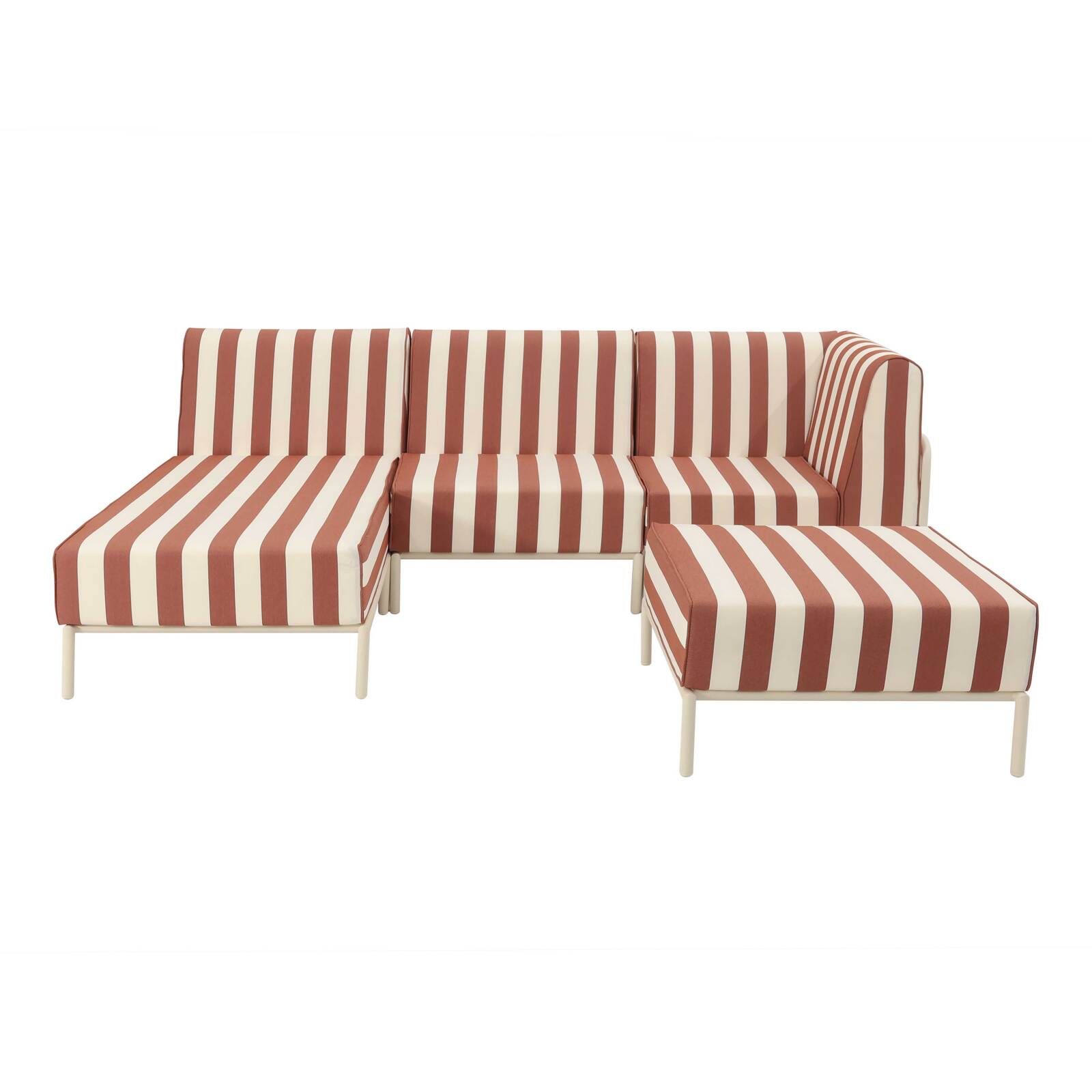Divano modulare da esterno a righe 4 posti con 1 poltrona, 1 poltrona angolare, 1 chaise longue e 1 pouf