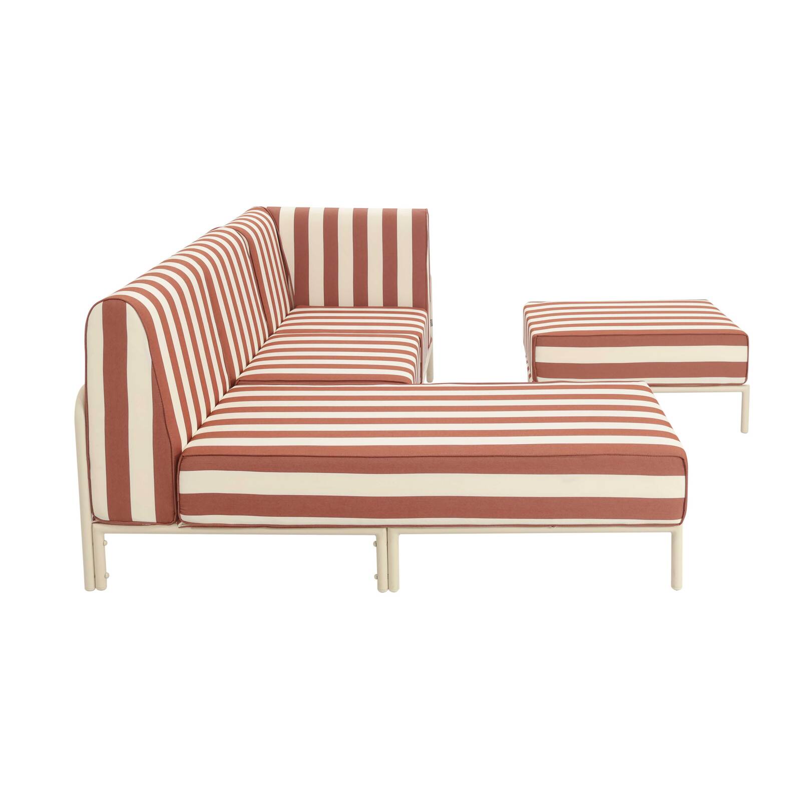 Divano modulare da esterno a righe 4 posti con 1 poltrona, 1 poltrona angolare, 1 chaise longue e 1 pouf
