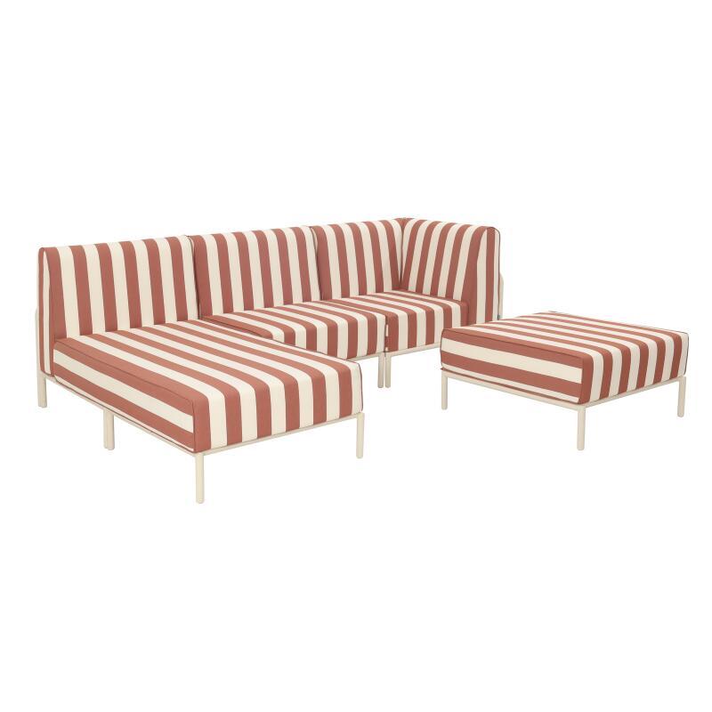 Divano modulare da esterno a righe 4 posti con 1 poltrona, 1 poltrona angolare, 1 chaise longue e 1 pouf