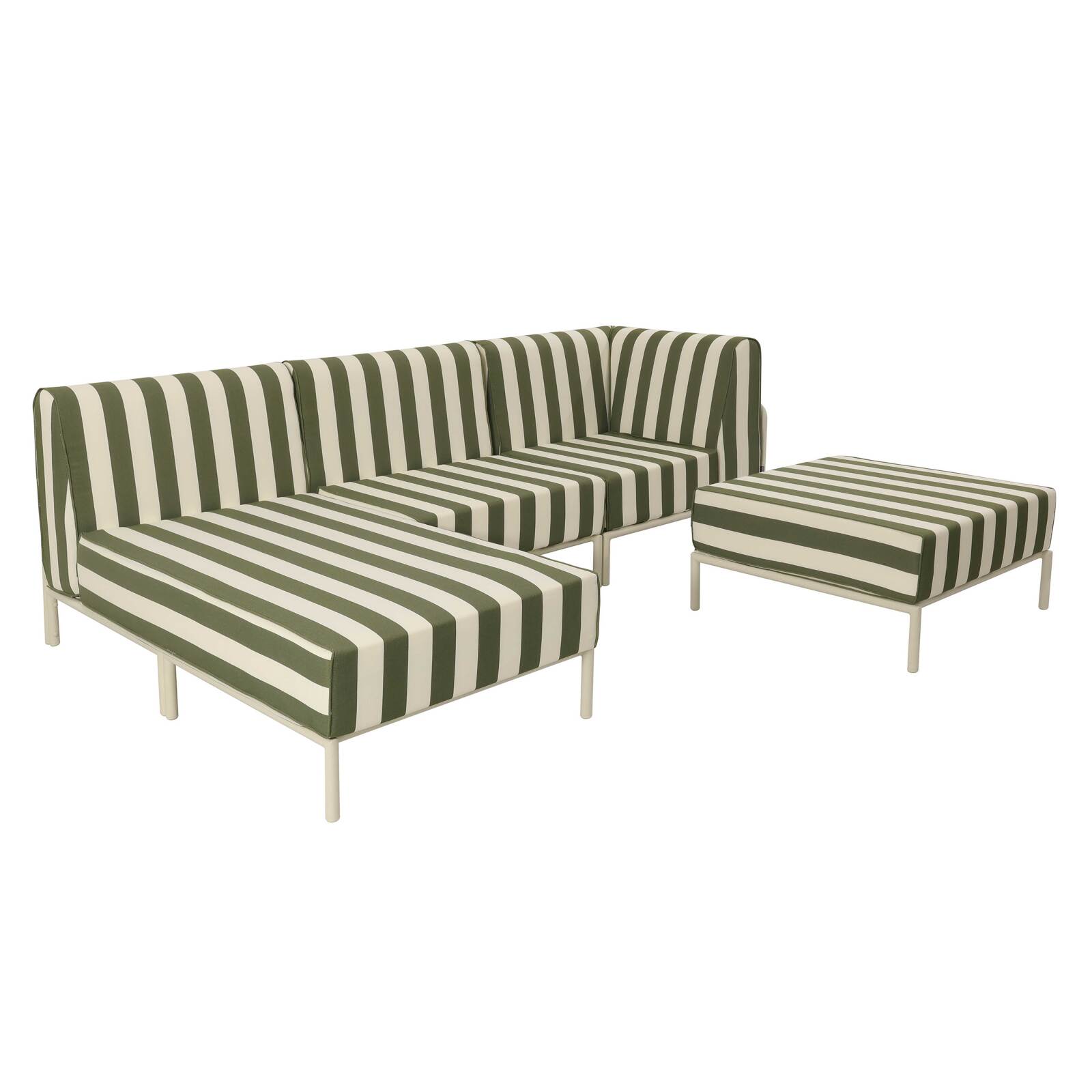 Divano modulare da esterno a righe 4 posti con 1 poltrona, 1 poltrona angolare, 1 chaise longue e 1 pouf