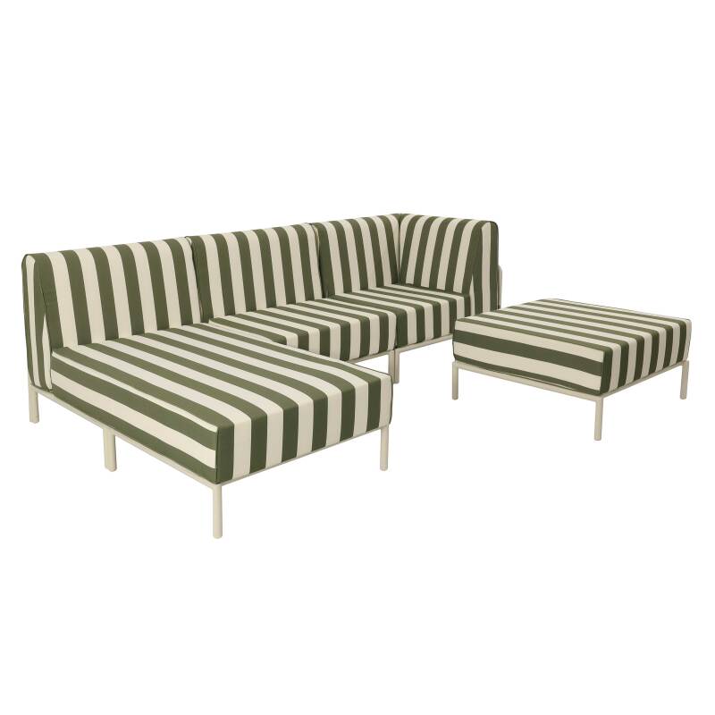 Divano modulare da esterno a righe 4 posti con 1 poltrona, 1 poltrona angolare, 1 chaise longue e 1 pouf