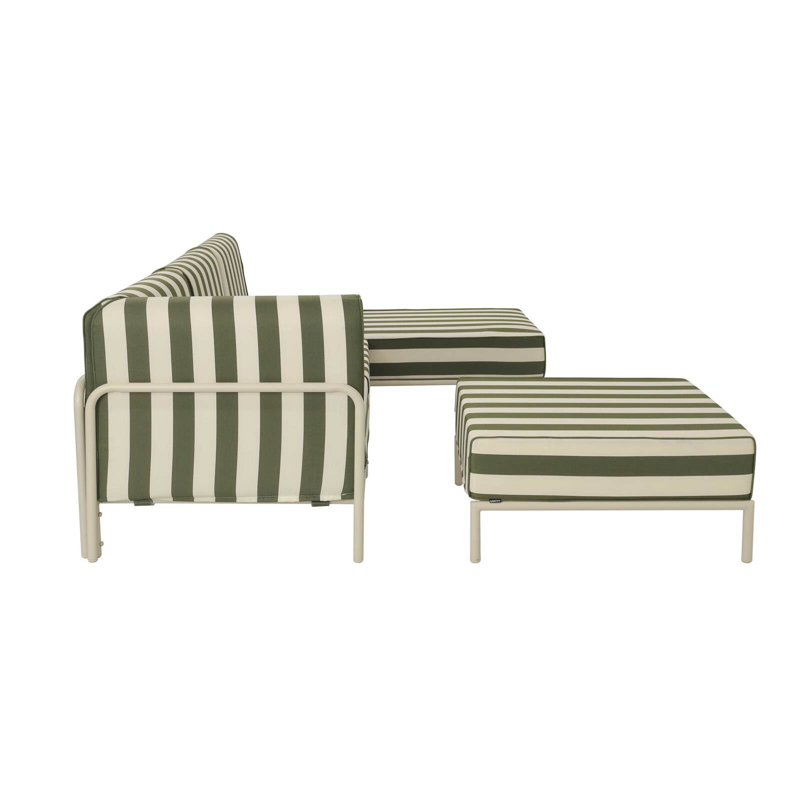 Divano modulare da esterno a righe 4 posti con 1 poltrona, 1 poltrona angolare, 1 chaise longue e 1 pouf