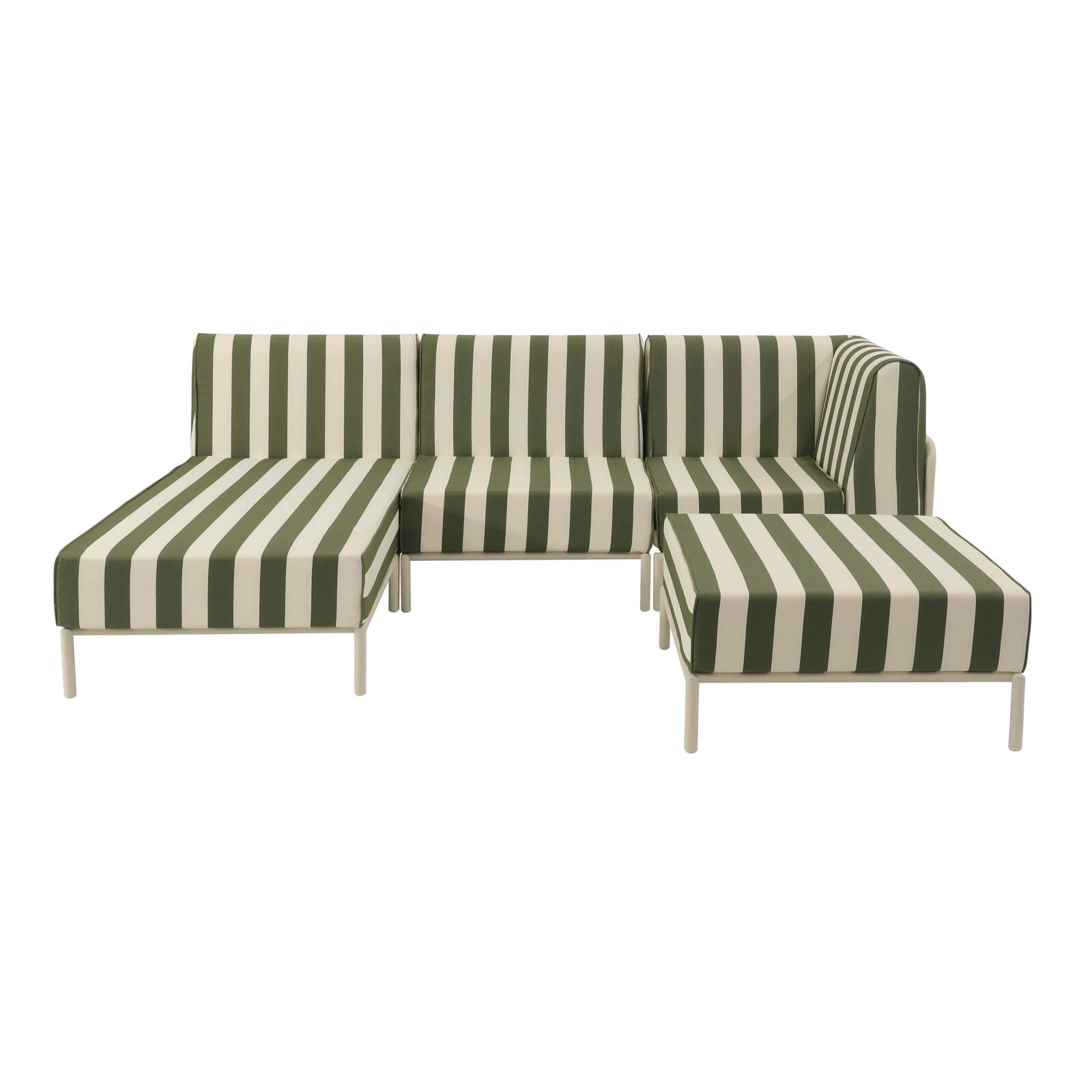 Divano modulare da esterno a righe 4 posti con 1 poltrona, 1 poltrona angolare, 1 chaise longue e 1 pouf