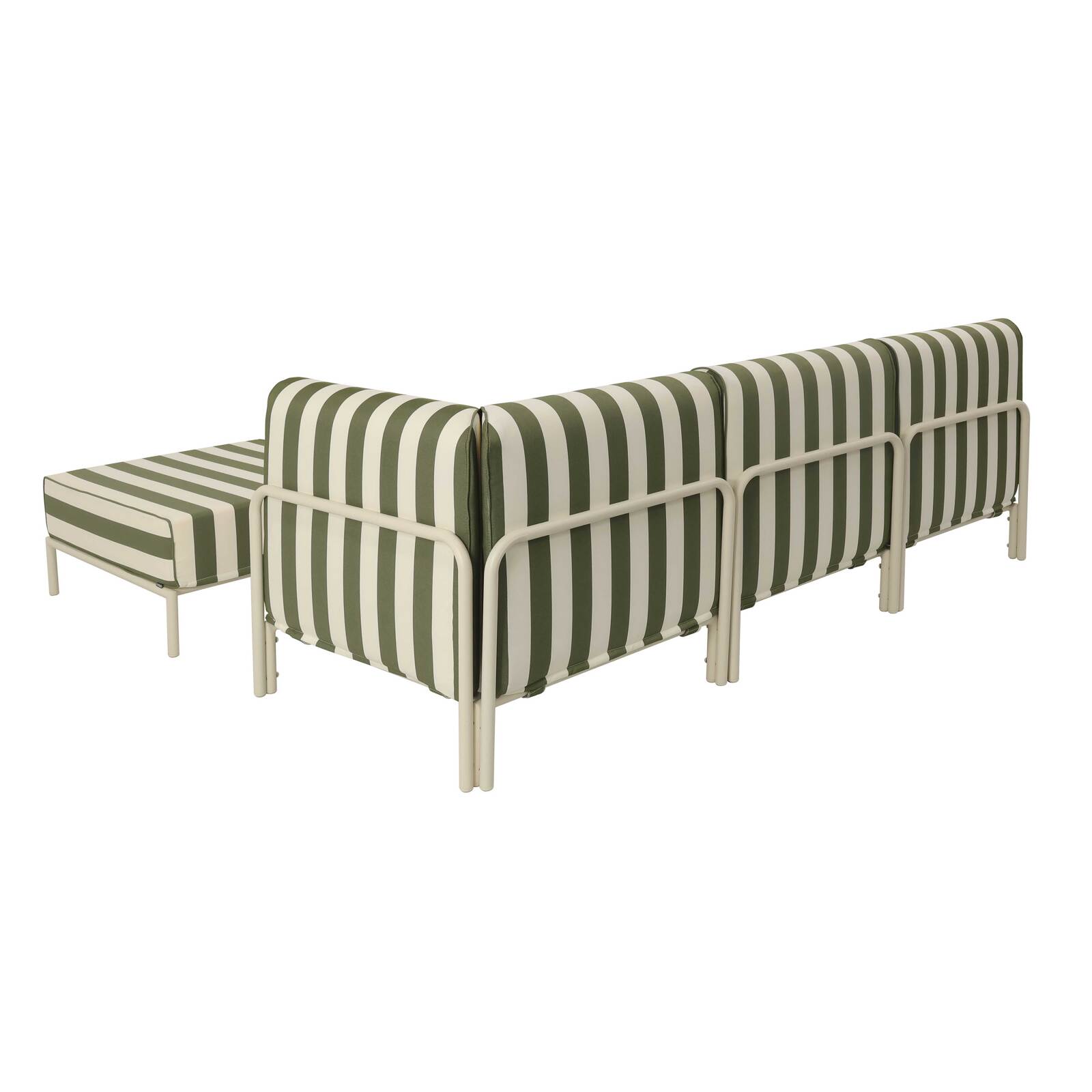 Divano modulare da esterno a righe 4 posti con 1 poltrona, 1 poltrona angolare, 1 chaise longue e 1 pouf