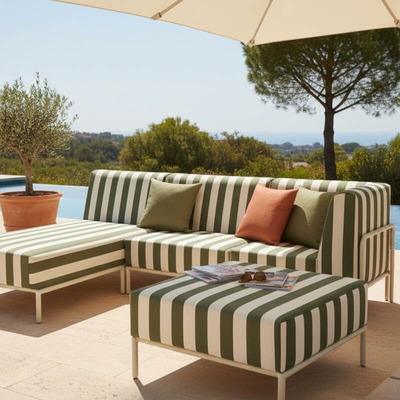 Divano modulare da esterno a righe 4 posti con 1 poltrona, 1 poltrona angolare, 1 chaise longue e 1 pouf (2/7)