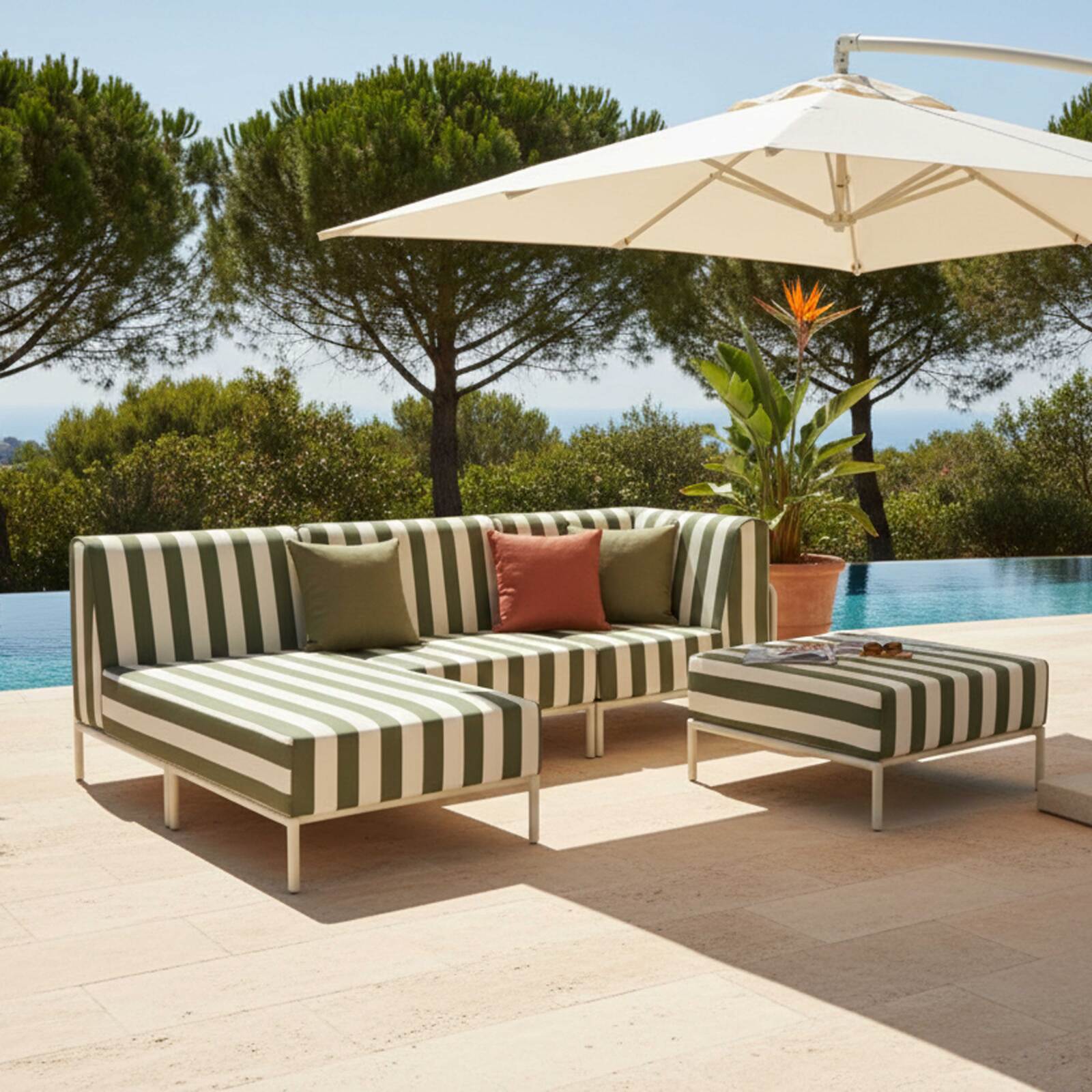 Divano modulare da esterno a righe 4 posti con 1 poltrona, 1 poltrona angolare, 1 chaise longue e 1 pouf