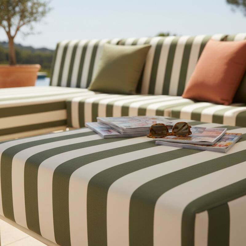 Divano modulare da esterno a righe 4 posti con 1 poltrona, 1 poltrona angolare, 1 chaise longue e 1 pouf (3/7)