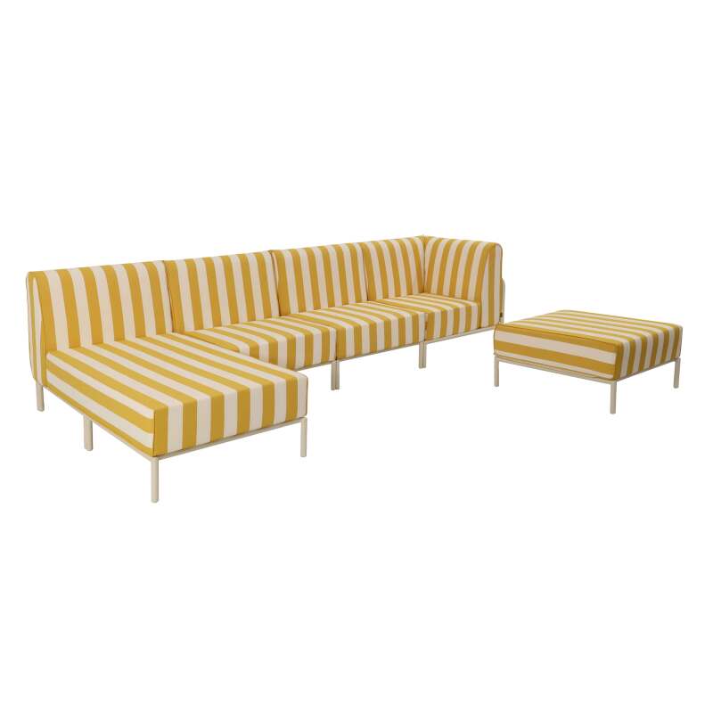 Divano modulare da esterno a righe 5 posti con 2 poltrone, 1 poltrona angolare, 1 chaise longue e 1 pouf