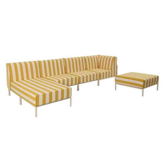 Divano modulare da esterno a righe 5 posti con 2 poltrone, 1 poltrona angolare, 1 chaise longue e 1 pouf