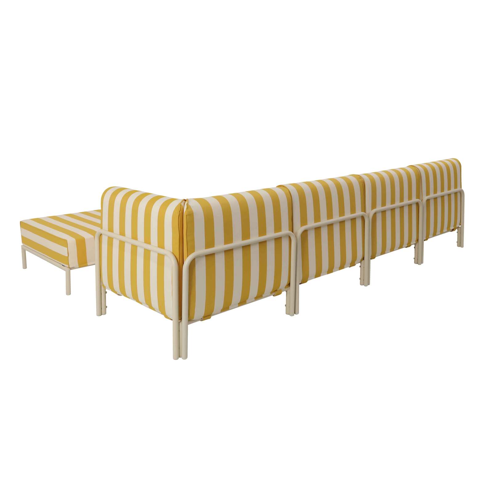 Divano modulare da esterno a righe 5 posti con 2 poltrone, 1 poltrona angolare, 1 chaise longue e 1 pouf