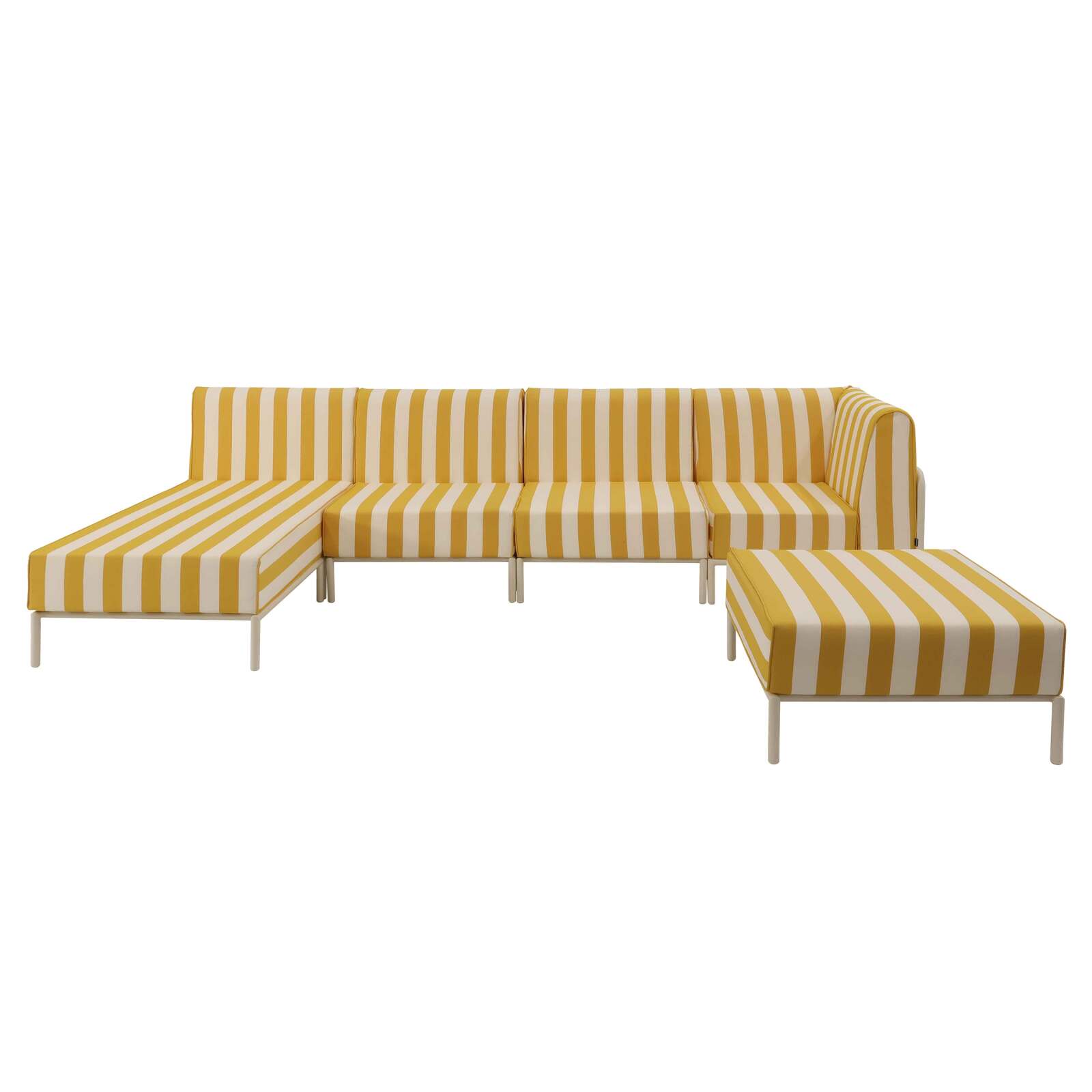 Divano modulare da esterno a righe 5 posti con 2 poltrone, 1 poltrona angolare, 1 chaise longue e 1 pouf