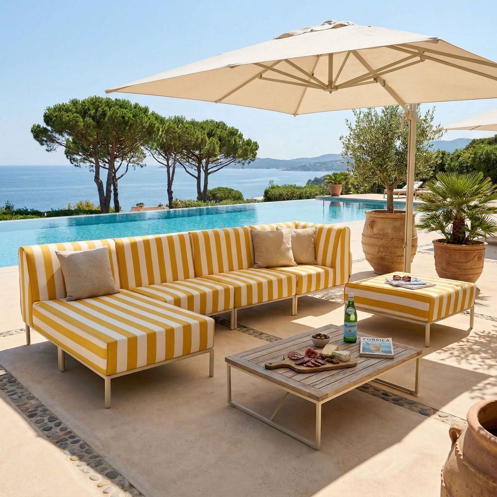 Divano modulare da esterno a righe 5 posti con 2 poltrone, 1 poltrona angolare, 1 chaise longue e 1 pouf