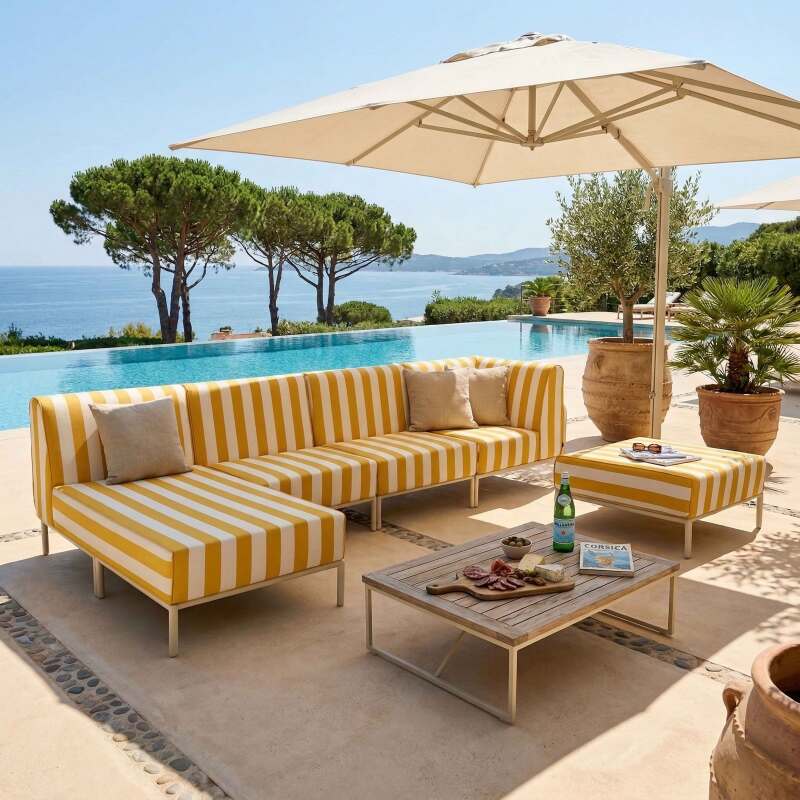 Divano modulare da esterno a righe 5 posti con 2 poltrone, 1 poltrona angolare, 1 chaise longue e 1 pouf