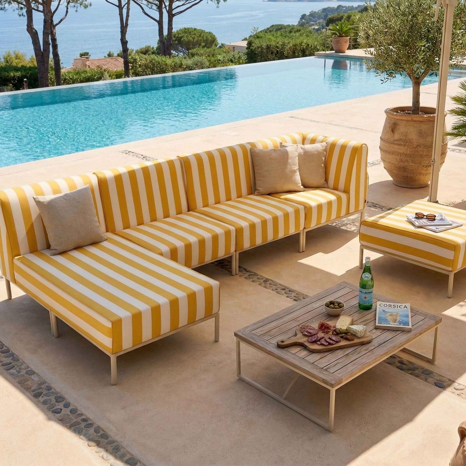Divano modulare da esterno a righe 5 posti con 2 poltrone, 1 poltrona angolare, 1 chaise longue e 1 pouf