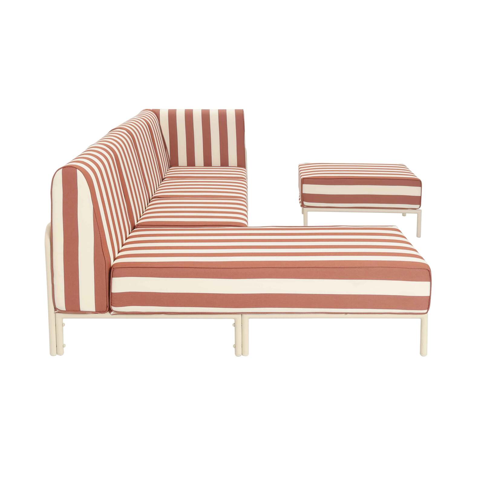 Divano modulare da esterno a righe 5 posti con 2 poltrone, 1 poltrona angolare, 1 chaise longue e 1 pouf