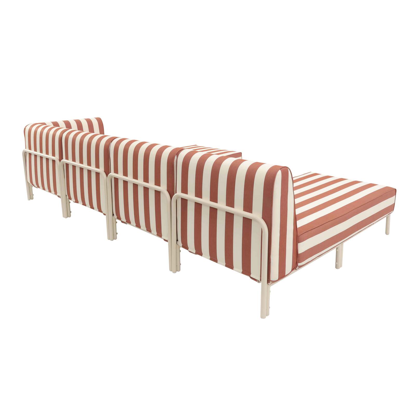 Divano modulare da esterno a righe 5 posti con 2 poltrone, 1 poltrona angolare, 1 chaise longue e 1 pouf