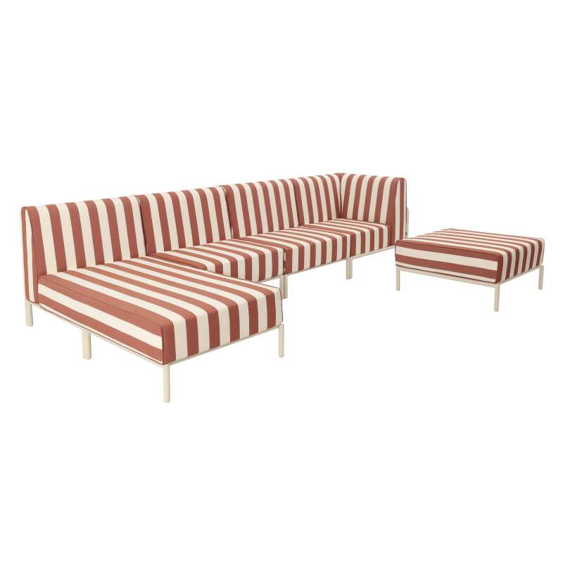 Divano modulare da esterno a righe 5 posti con 2 poltrone, 1 poltrona angolare, 1 chaise longue e 1 pouf