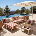 Divano modulare da esterno a righe 5 posti con 2 poltrone, 1 poltrona angolare, 1 chaise longue e 1 pouf