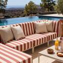 Divano modulare da esterno a righe 5 posti con 2 poltrone, 1 poltrona angolare, 1 chaise longue e 1 pouf