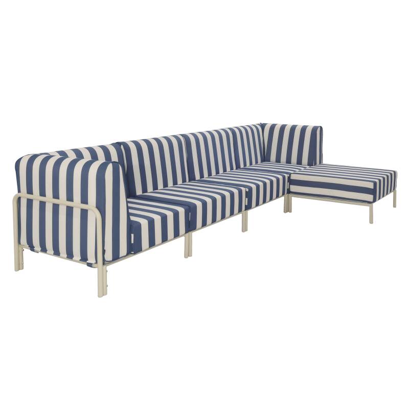 Divano modulare da esterno a righe 5 posti con 2 poltrone, 2 poltrone angolari e 1 pouf