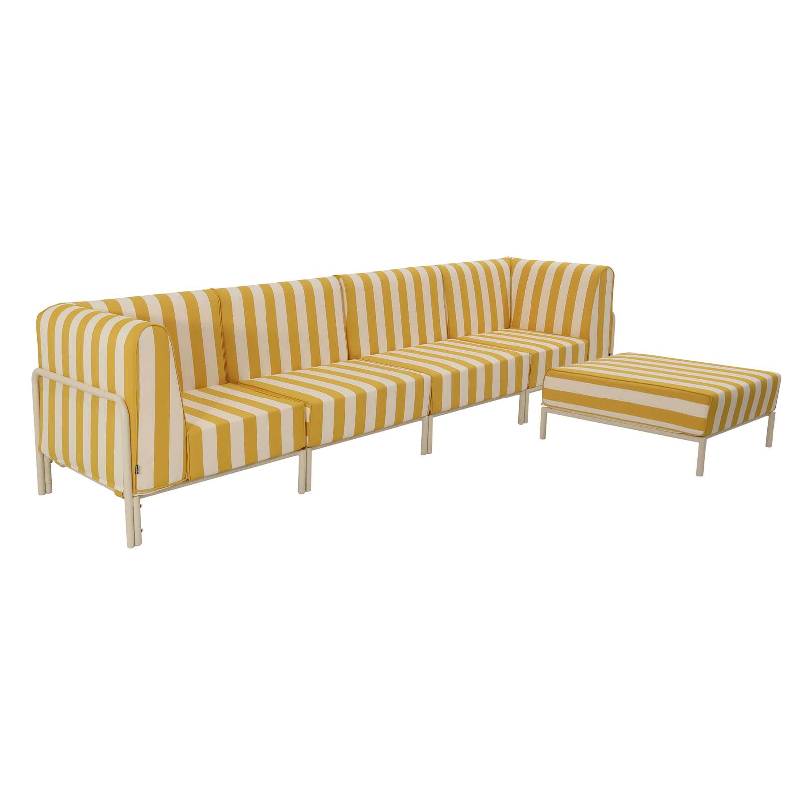 Divano modulare da esterno a righe 5 posti con 2 poltrone, 2 poltrone angolari e 1 pouf