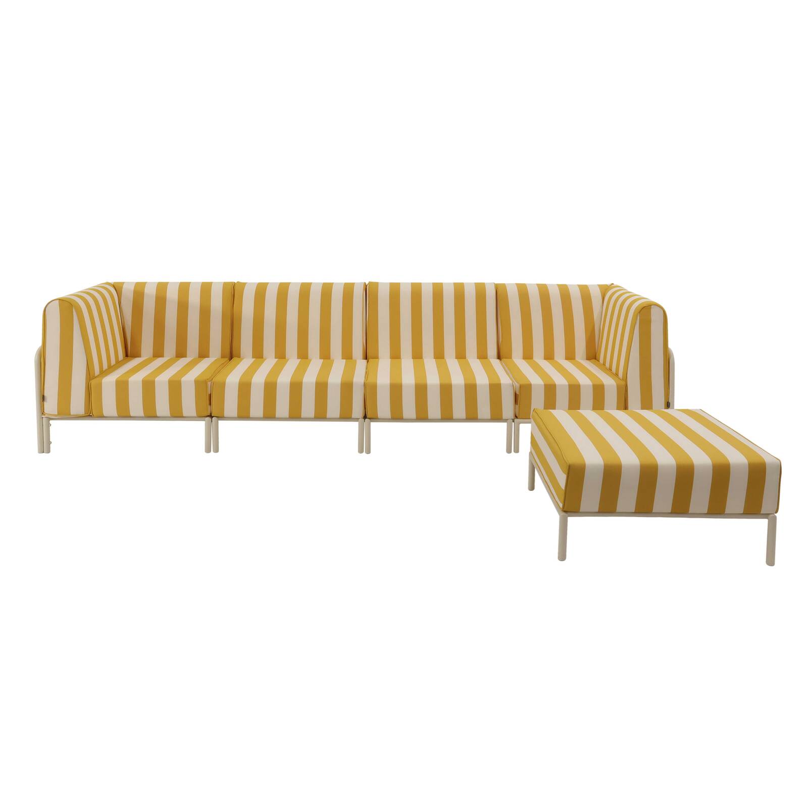 Divano modulare da esterno a righe 5 posti con 2 poltrone, 2 poltrone angolari e 1 pouf