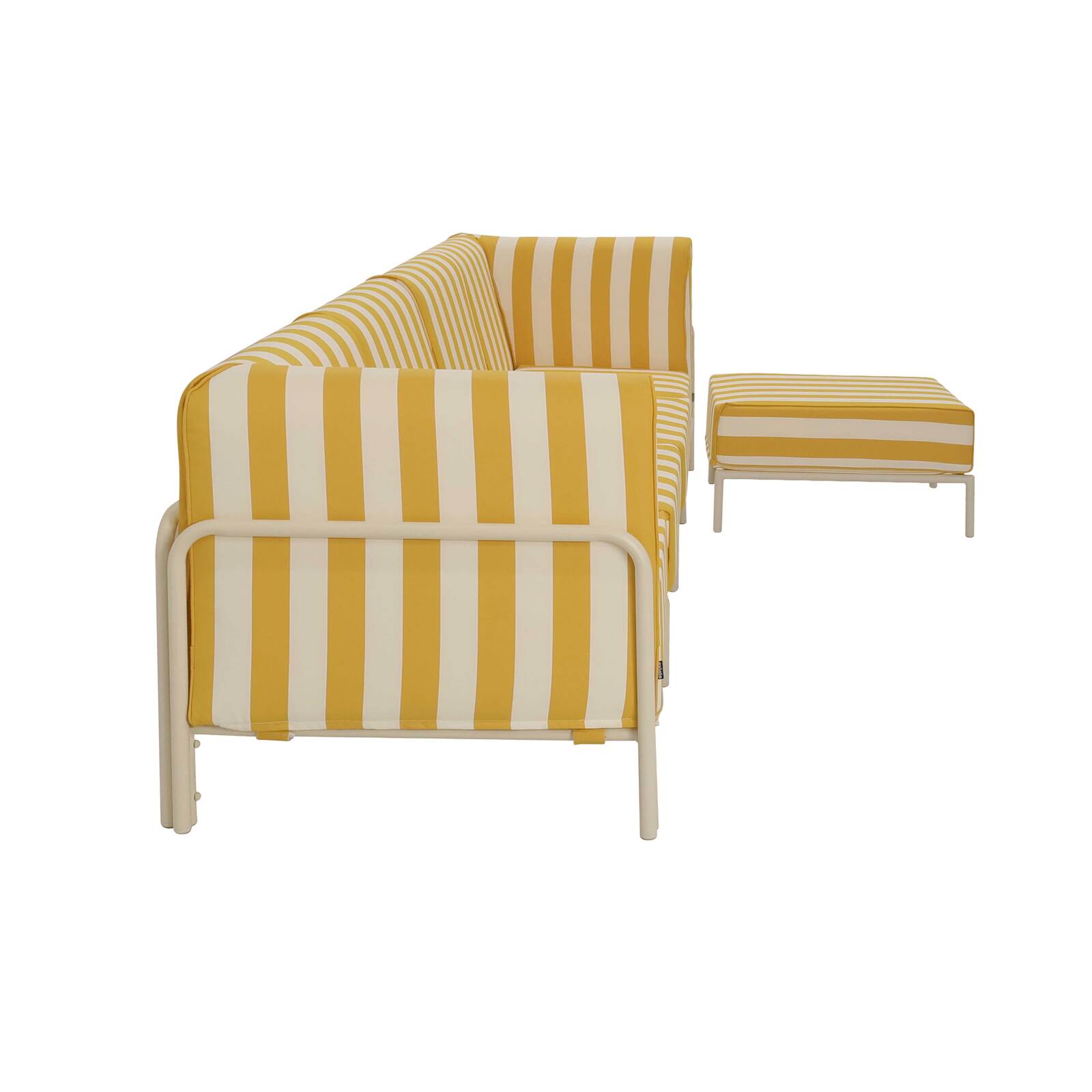 Divano modulare da esterno a righe 5 posti con 2 poltrone, 2 poltrone angolari e 1 pouf
